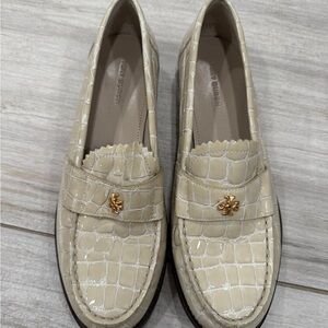 Tory Burch Cream Croc-Embossed Loafers with Gold Detail